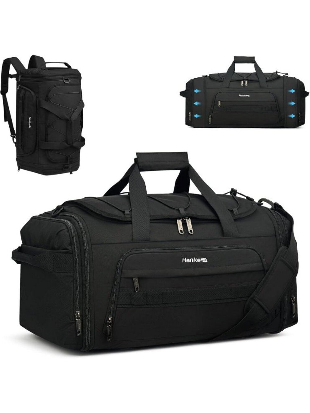 Expandable Travel Duffle Bag, 45L-55L Weekender, Stylish Black Carry-On